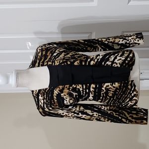 August Silk Layered Look Leopard Cardigan w/ attached Black ruffled top SzM Nwot